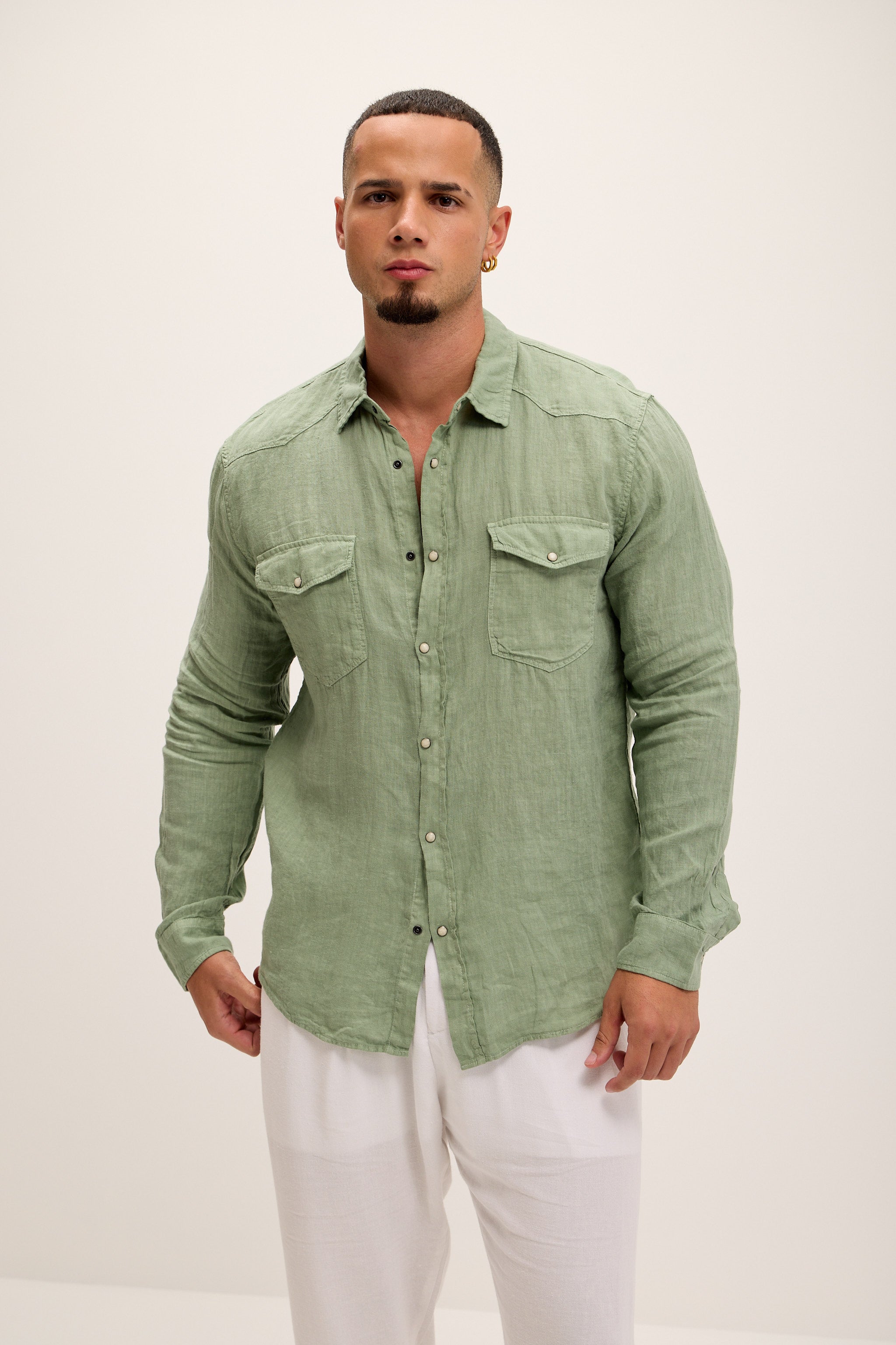 Men's Fitted Western Linen Shirt - Light Green Men's Fitted Western Linen Shirt - Light Green