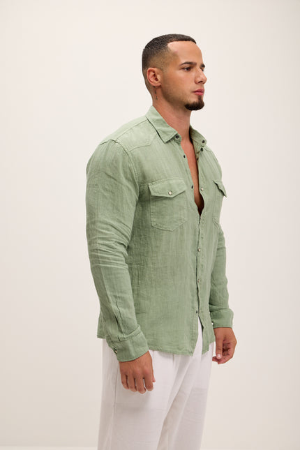Fitted Snap Western Linen Shirt - Light Green - Ron Tomson