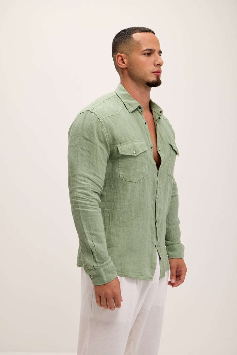 Fitted Snap Western Linen Shirt - Light Green - Ron Tomson