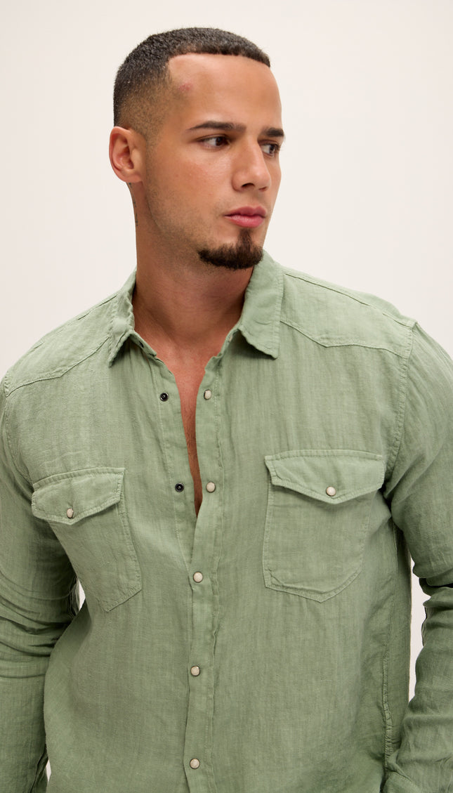 Fitted Snap Western Linen Shirt - Light Green - Ron Tomson