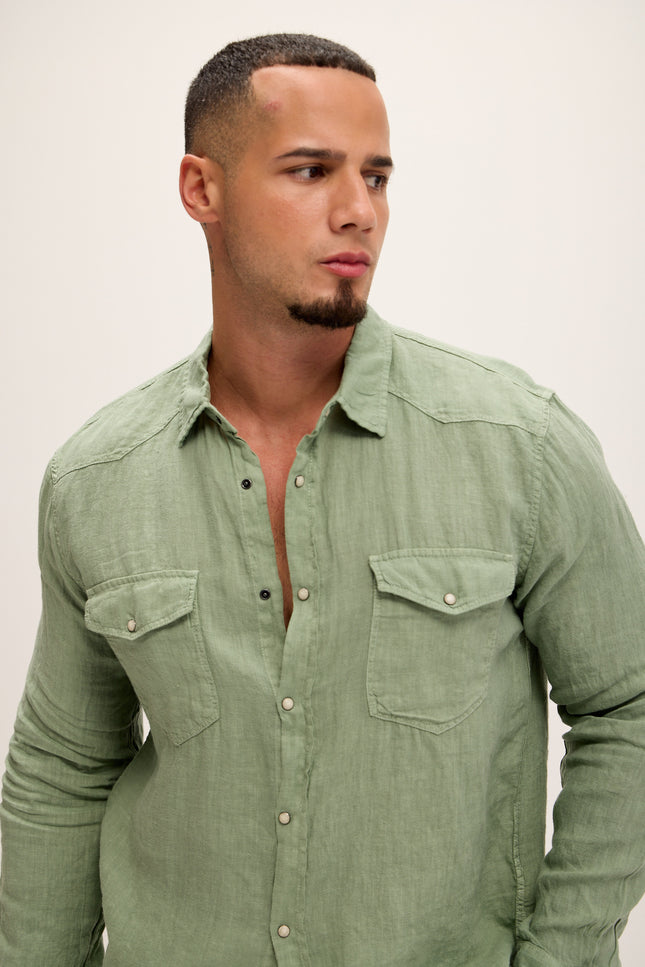 Fitted Snap Western Linen Shirt - Light Green - Ron Tomson