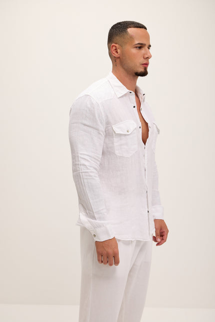 Fitted Snap Western Linen Shirt - True White - Ron Tomson