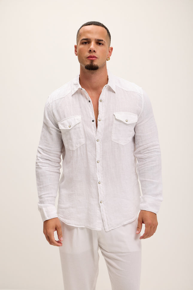 Fitted Snap Western Linen Shirt - True White - Ron Tomson