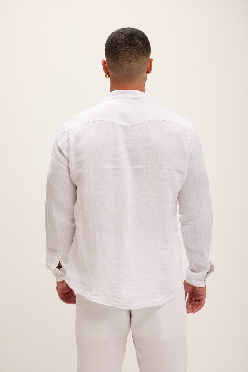 Fitted Snap Western Linen Shirt - True White - Ron Tomson