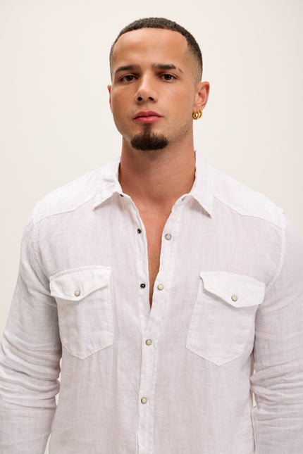 Fitted Snap Western Linen Shirt - True White - Ron Tomson