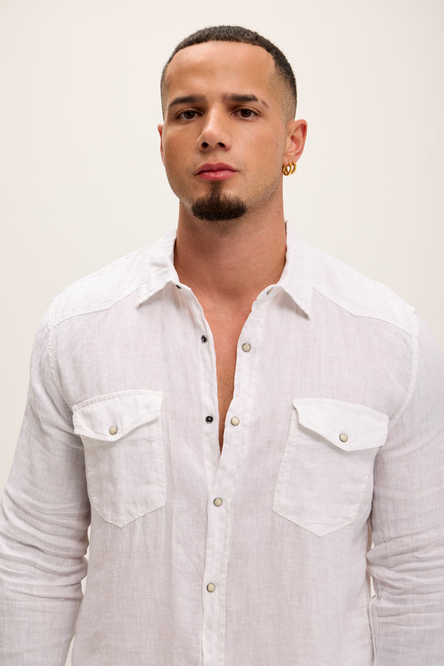 Fitted Snap Western Linen Shirt - True White - Ron Tomson