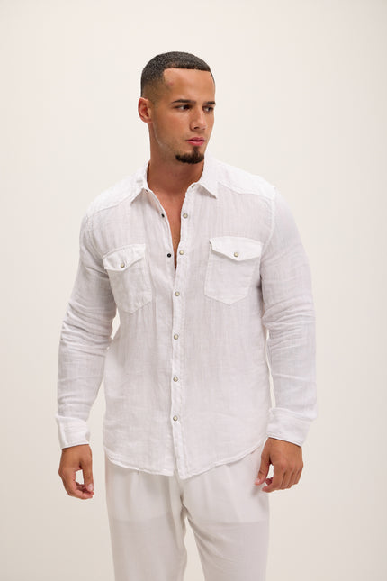 Fitted Snap Western Linen Shirt - True White - Ron Tomson