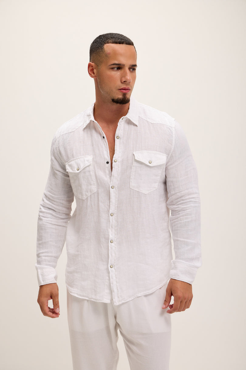 Fitted Snap Western Linen Shirt - True White - Ron Tomson