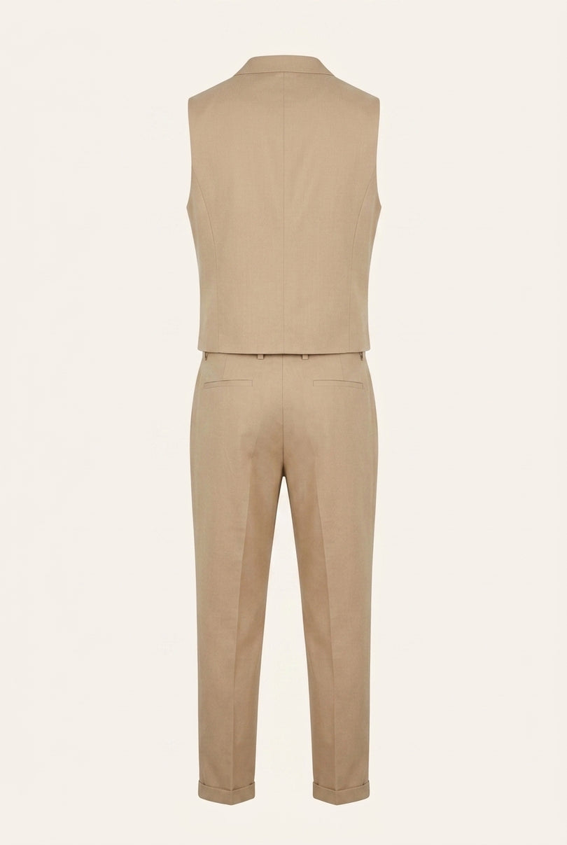 Fitted Vest and Pants Set - Beige - Back