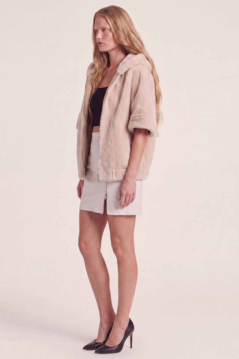 Reversible Lambskin Shearling Hooded Jacket - Cream - side view