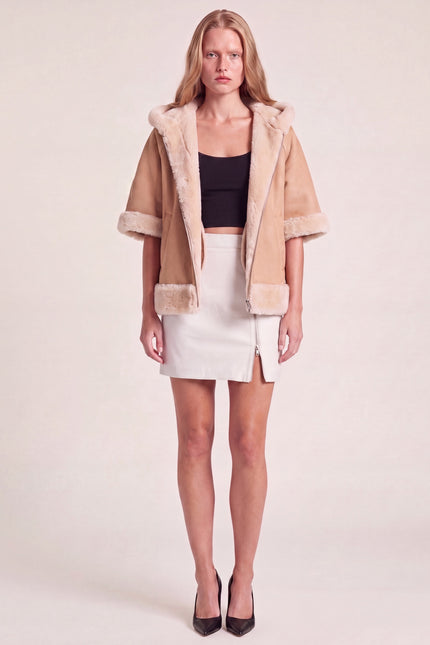 Reversible Lambskin Shearling Hooded Jacket - Cream - reversed, front view