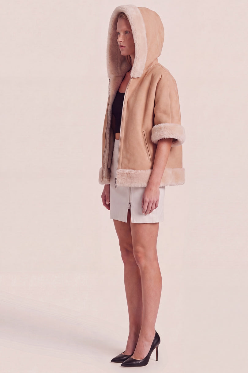 Reversible Lambskin Shearling Hooded Jacket - Cream - reversed, side view