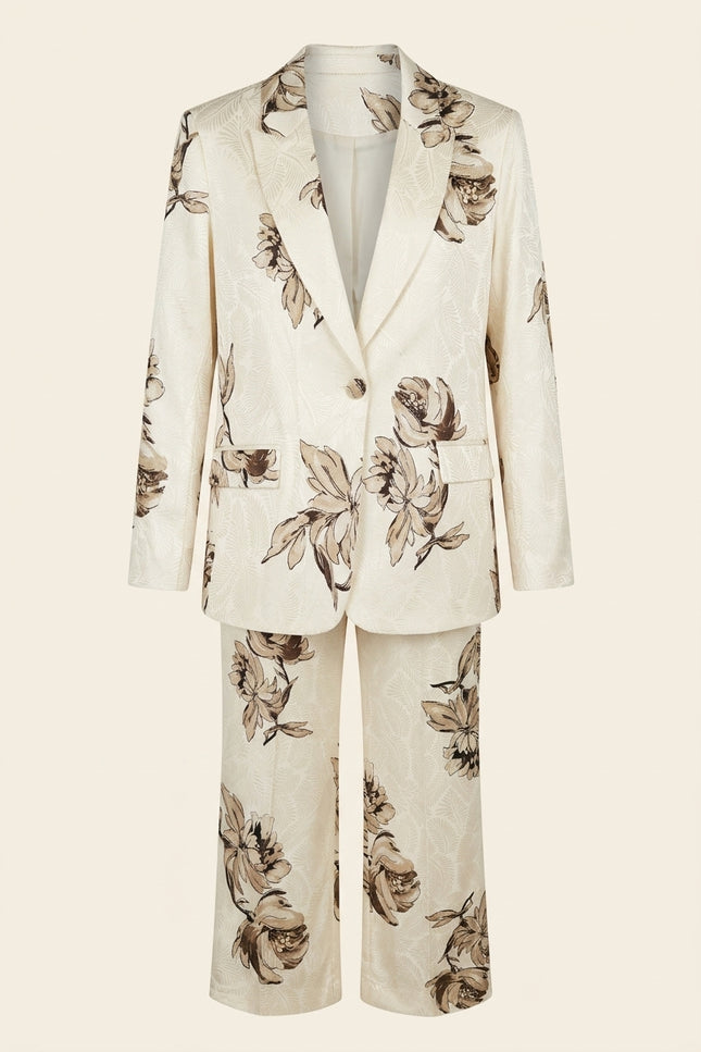 Floral Single Button Suit - White Beige - Front