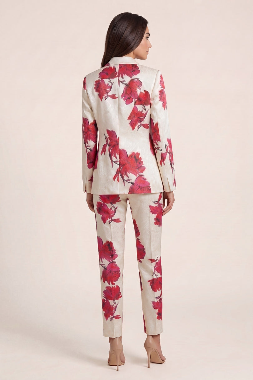 Floral Single Button Suit - White Pink - back view
