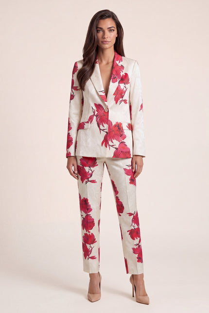 Floral Single Button Suit - White Pink - front view