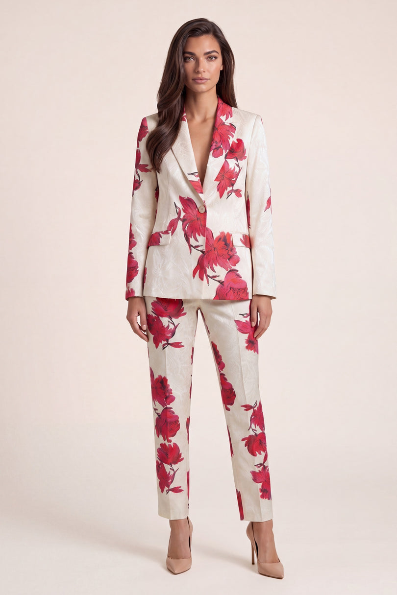 Floral Single Button Suit - White Pink - front view