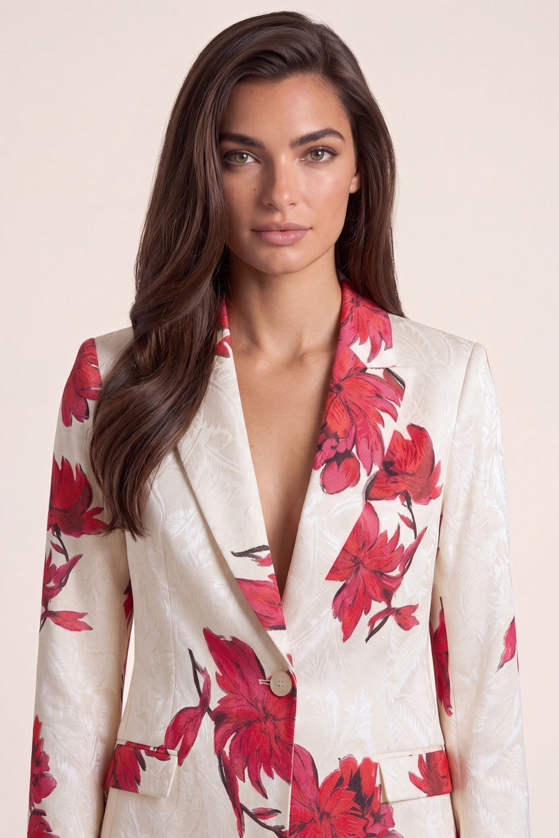 Floral Single Button Suit - White Pink - macro view
