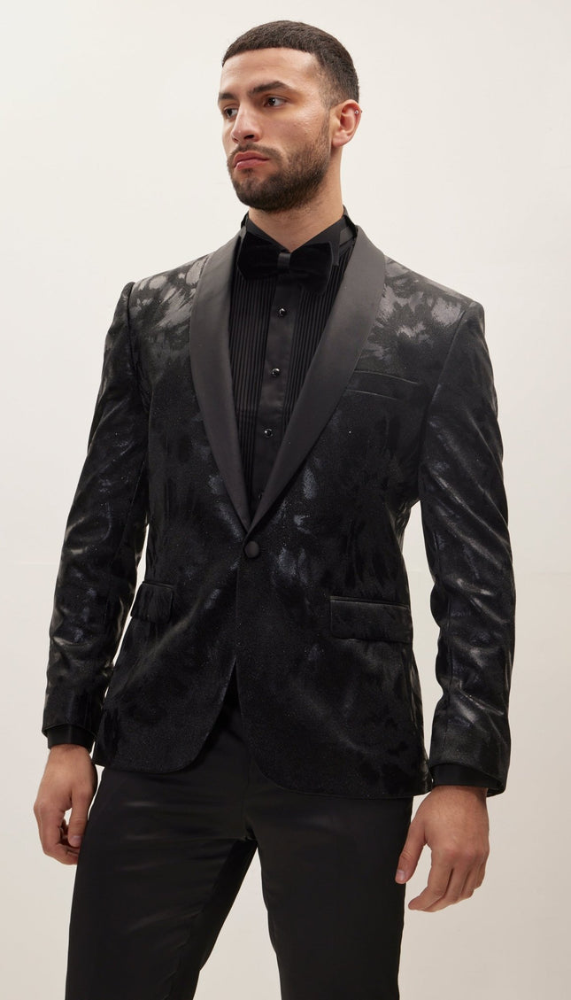 Foil Brush Strokes Shawl Lapel Tuxedo Jacket - Black - Ron Tomson
