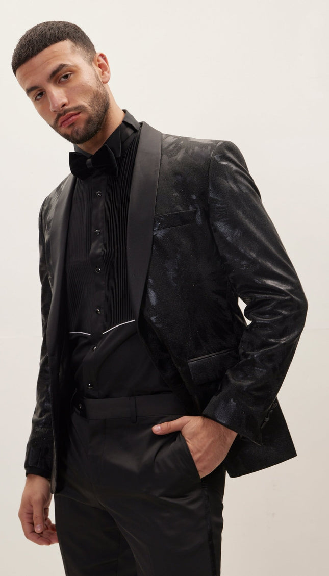 Foil Brush Strokes Shawl Lapel Tuxedo Jacket - Black - Ron Tomson