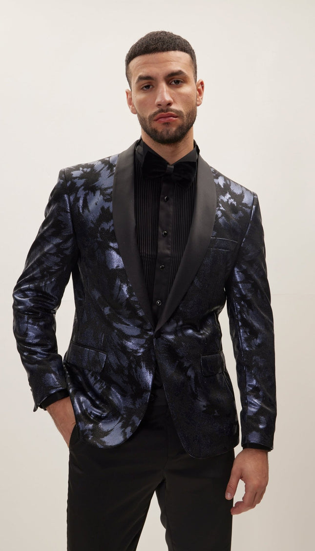 Foil Brush Strokes Shawl Lapel Tuxedo Jacket - Navy - Ron Tomson