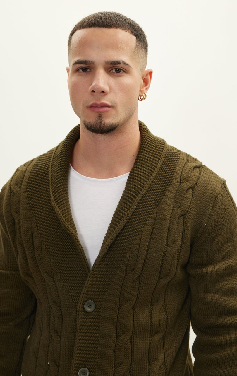 Four Button Down Cardigan - Khaki - Ron Tomson