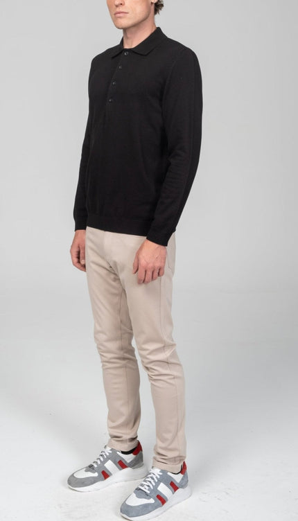 Four Button Down Polo Sweater - Black - Ron Tomson