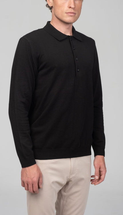 Four Button Down Polo Sweater - Black - Ron Tomson