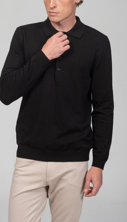 Four Button Down Polo Sweater - Black - Ron Tomson