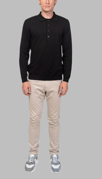 Four Button Down Polo Sweater - Black - Ron Tomson