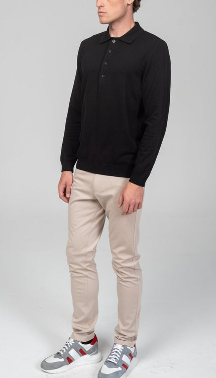 Four Button Down Polo Sweater - Black - Ron Tomson