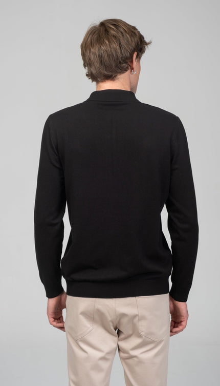 Four Button Down Polo Sweater - Black - Ron Tomson