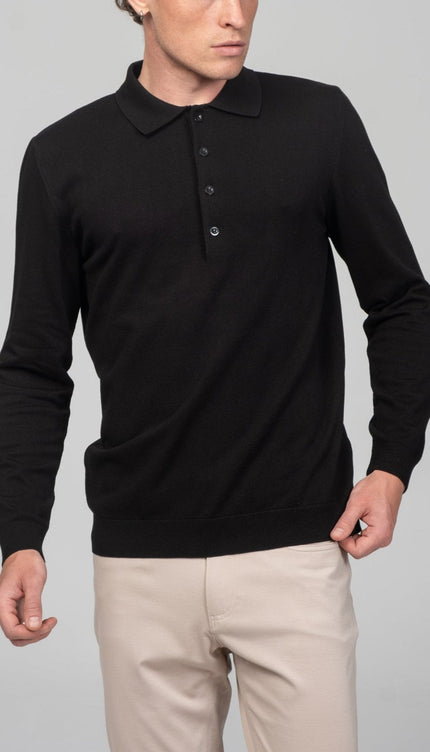 Four Button Down Polo Sweater - Black - Ron Tomson