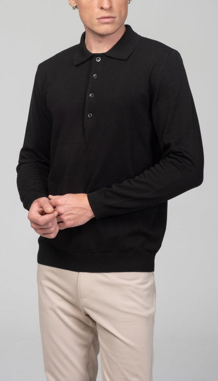 Four Button Down Polo Sweater - Black - Ron Tomson