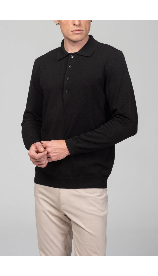 Four Button Down Polo Sweater - Black - Ron Tomson