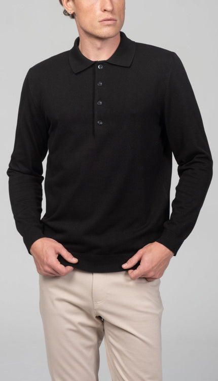 Four Button Down Polo Sweater - Black - Ron Tomson