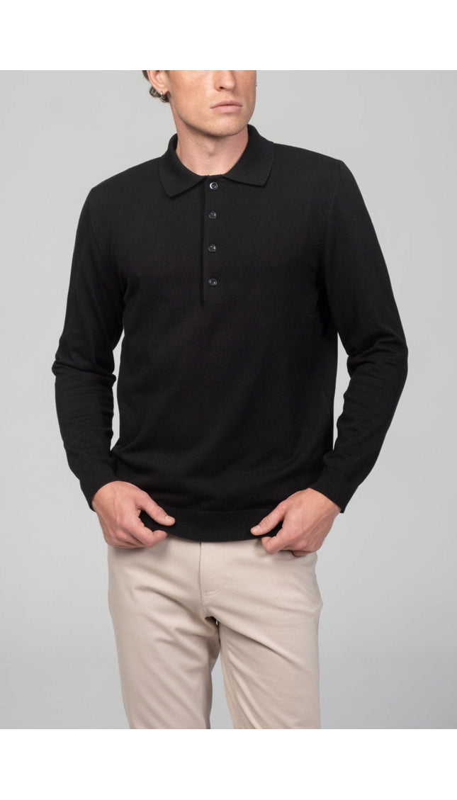 Four Button Down Polo Sweater - Black - Ron Tomson