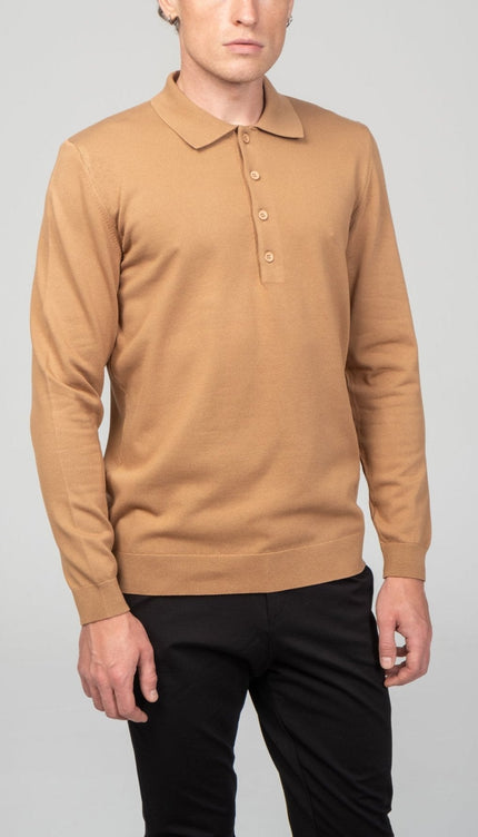 Four Button Down Polo Sweater - Camel - Ron Tomson