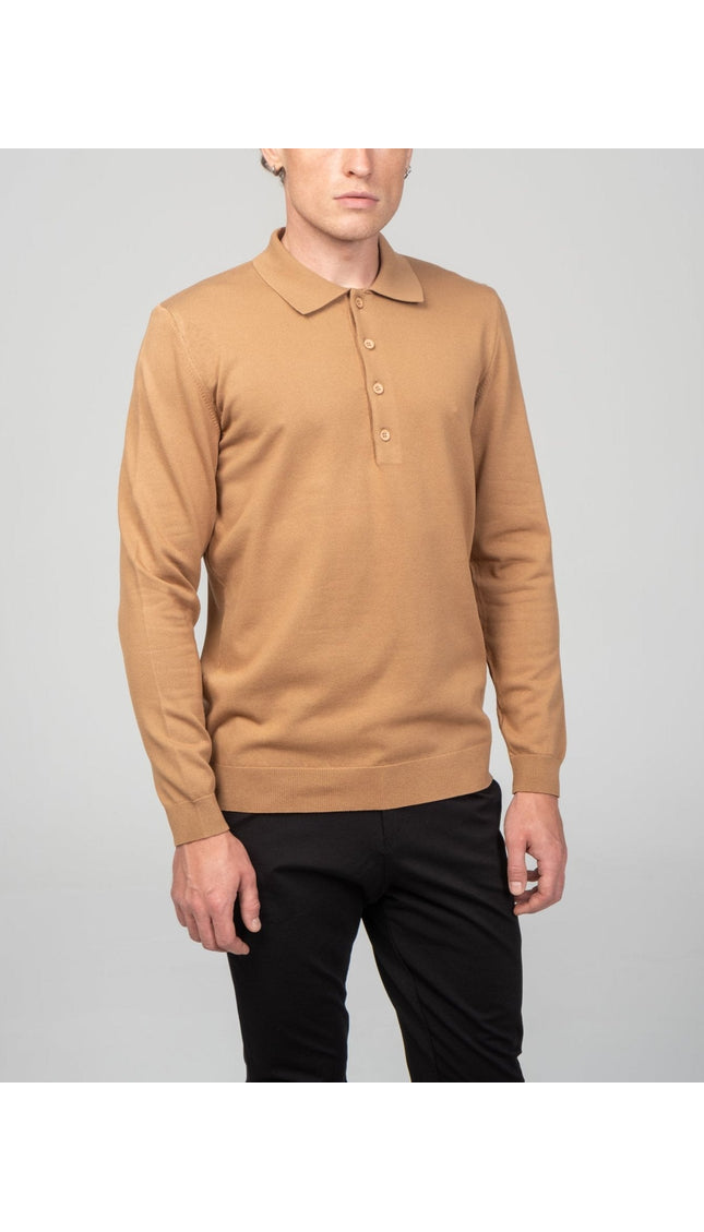 Four Button Down Polo Sweater - Camel - Ron Tomson