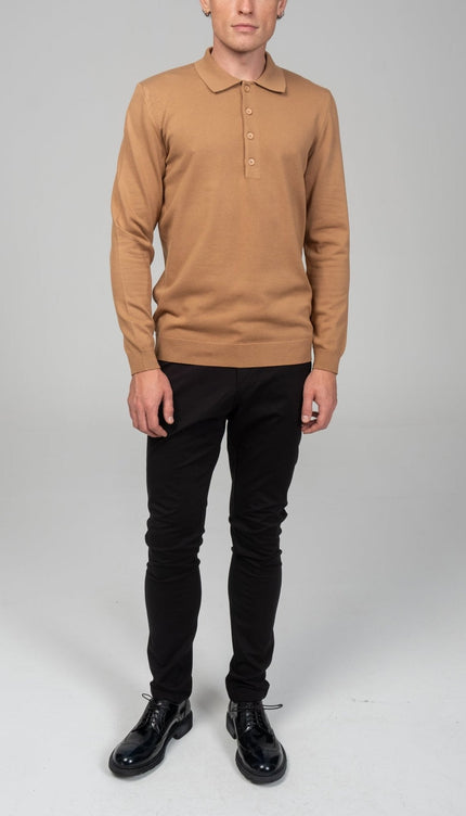 Four Button Down Polo Sweater - Camel - Ron Tomson