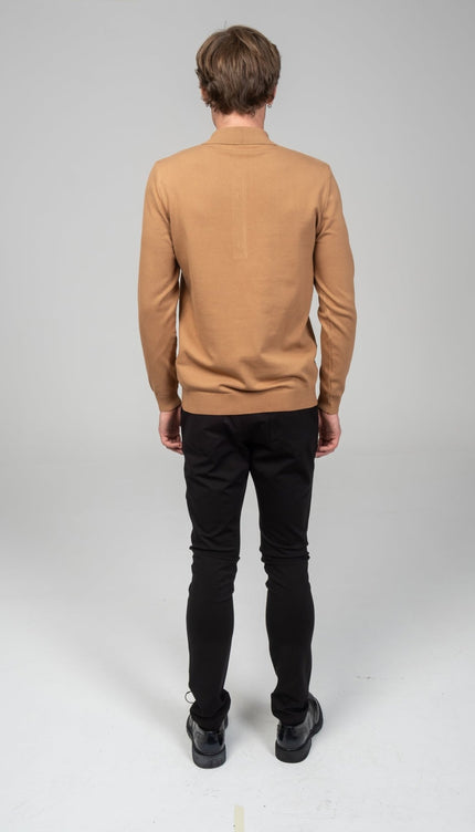 Four Button Down Polo Sweater - Camel - Ron Tomson