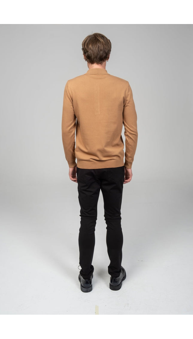 Four Button Down Polo Sweater - Camel - Ron Tomson