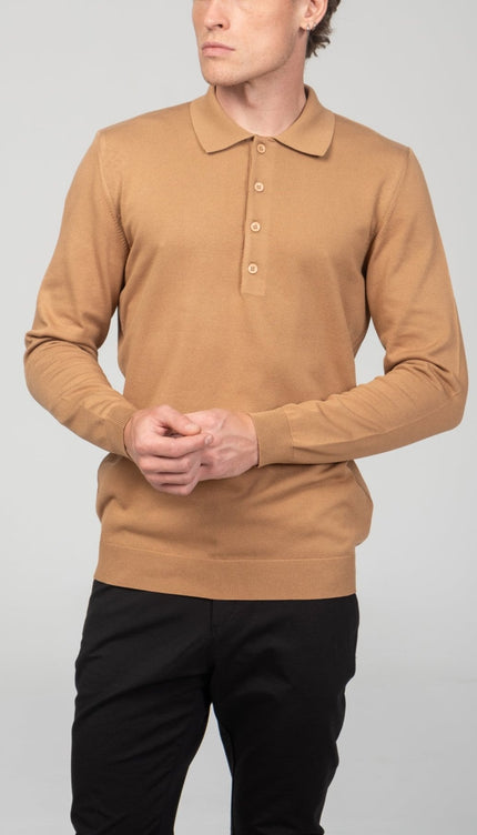 Four Button Down Polo Sweater - Camel - Ron Tomson