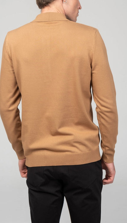 Four Button Down Polo Sweater - Camel - Ron Tomson