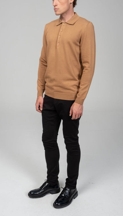 Four Button Down Polo Sweater - Camel - Ron Tomson