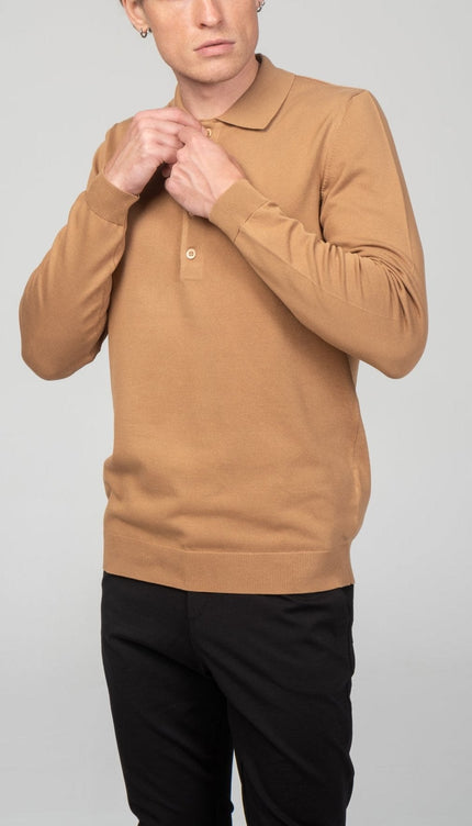 Four Button Down Polo Sweater - Camel - Ron Tomson