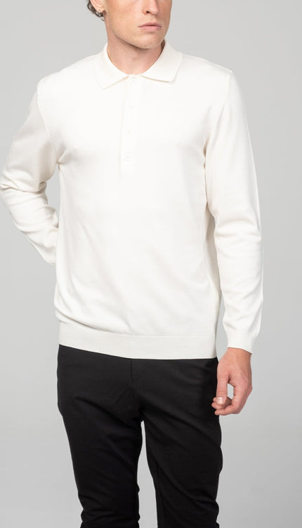 Four Button Down Polo Sweater - Ecru - Ron Tomson