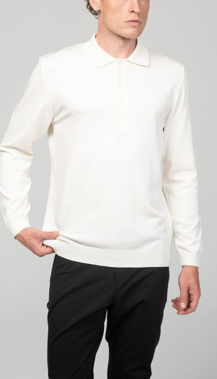 Four Button Down Polo Sweater - Ecru - Ron Tomson