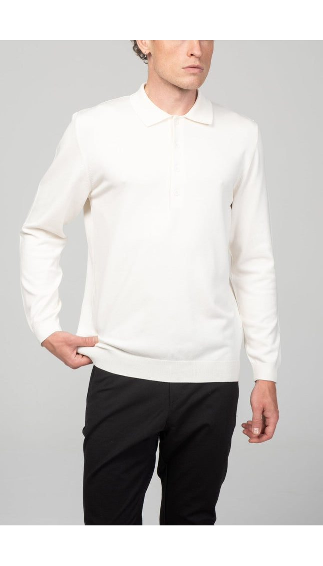 Four Button Down Polo Sweater - Ecru - Ron Tomson