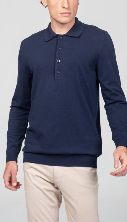 Four Button Down Polo Sweater - Navy - Ron Tomson