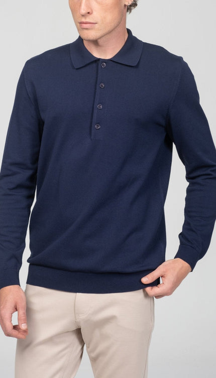 Four Button Down Polo Sweater - Navy - Ron Tomson